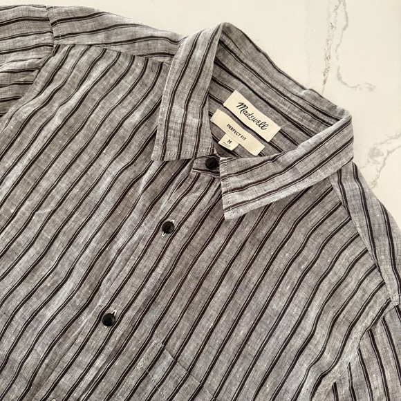 Madewell Other - Madewell Perfect Fit Mens M Gray 100% Linen Striped Button Up Short Sleeve Shirt
